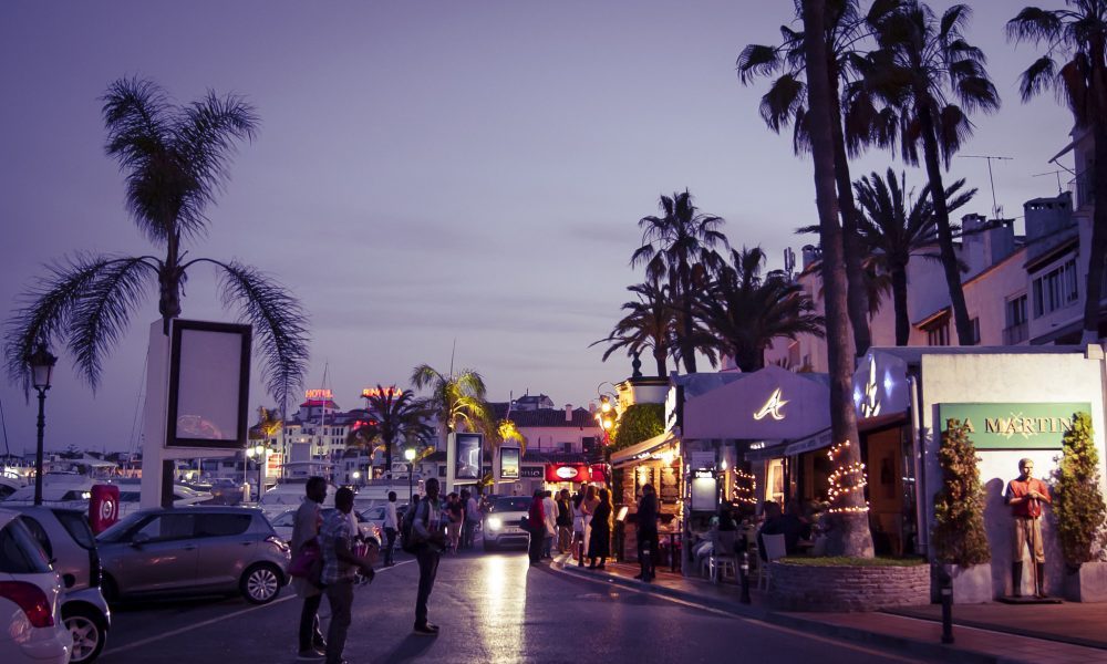 Puerto Banus property and street at night.