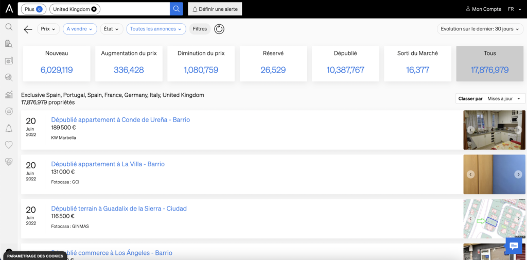 Page initiale des Alertes dans CASAFARI