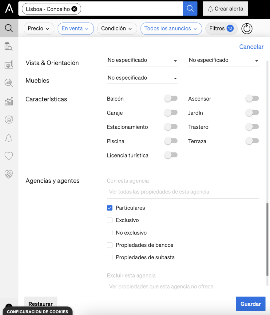Filtros de búsqueda de propiedades