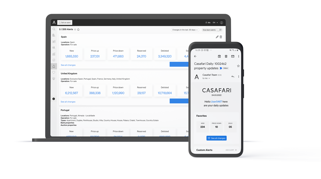 Setting alerts inside CASAFARI to be the first to know about new properties on the market