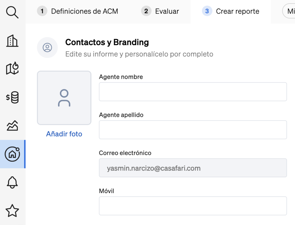 campos de información de contacto y fotos en el informe de valoración inmobiliaria