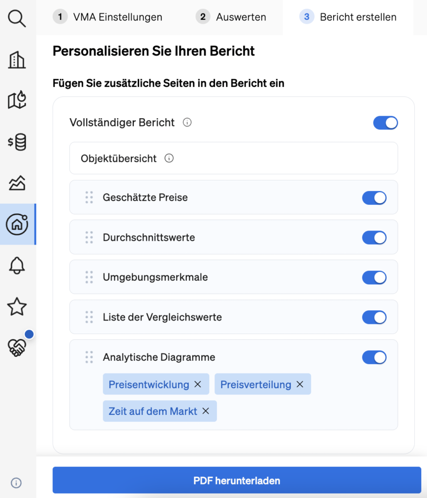 Auswahl der Reihenfolge des Inhalts in Ihrem Immobilienbewertungsbericht