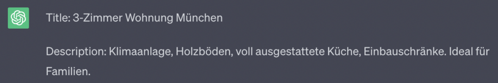 Von ChatGPT erstellte Google-Anzeige zur Bewerbung einer Immobilie