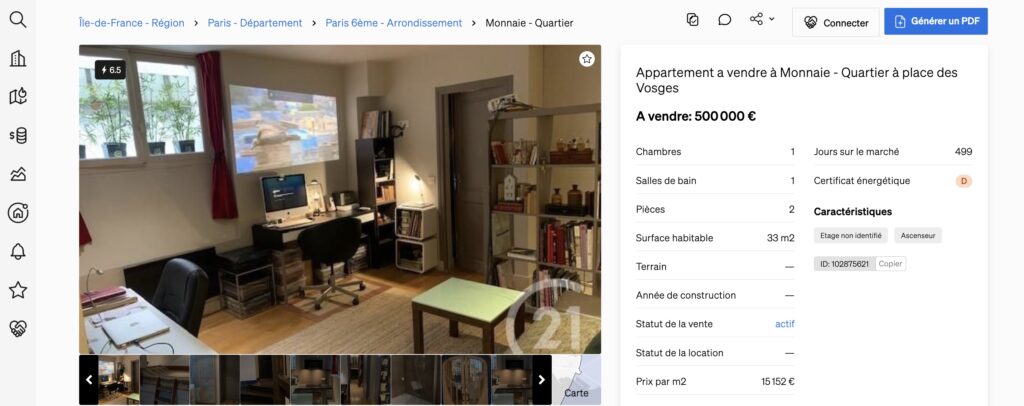 CASAFARI Bouton de connexion à l'intérieur d'une page de propriété