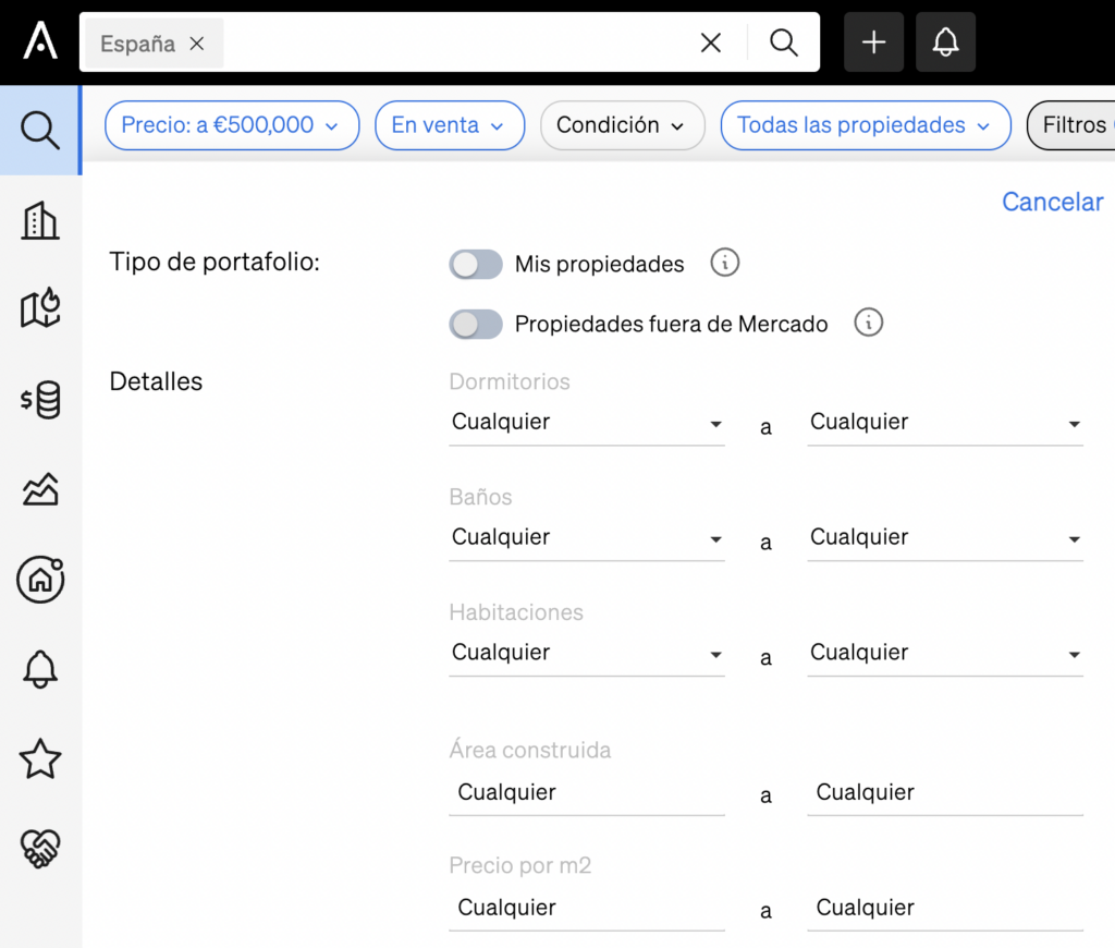 filtros de la búsqueda de inmuebles de CASAFARI