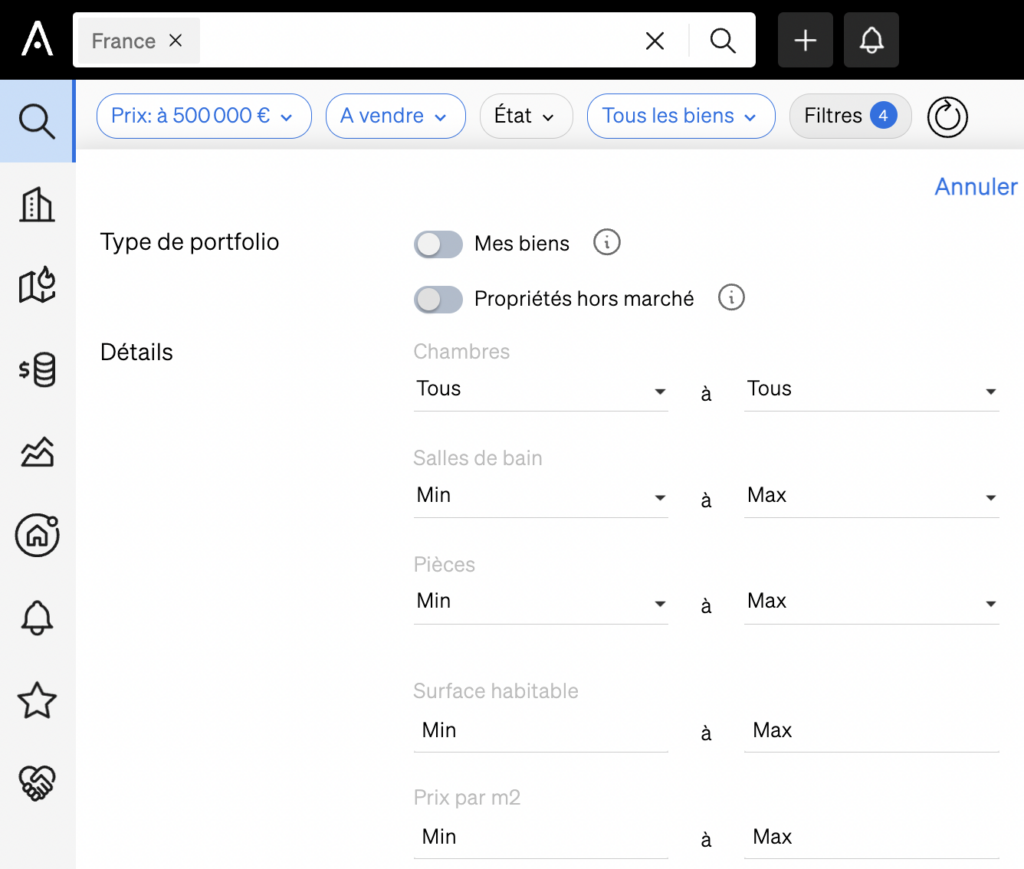 Filtres dans la recherche immobilière de CASAFARI