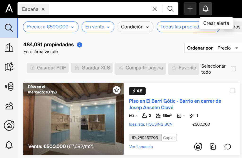 configurar Alertas dentro del buscador inmobiliario de CASAFARI