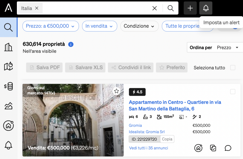 Puoi impostare avvisi all'interno della Ricerca di Immobili