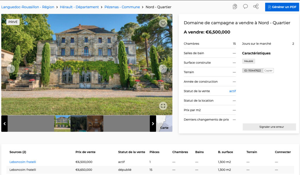 Page propriétés dans la recherche immobilière de CASAFARI