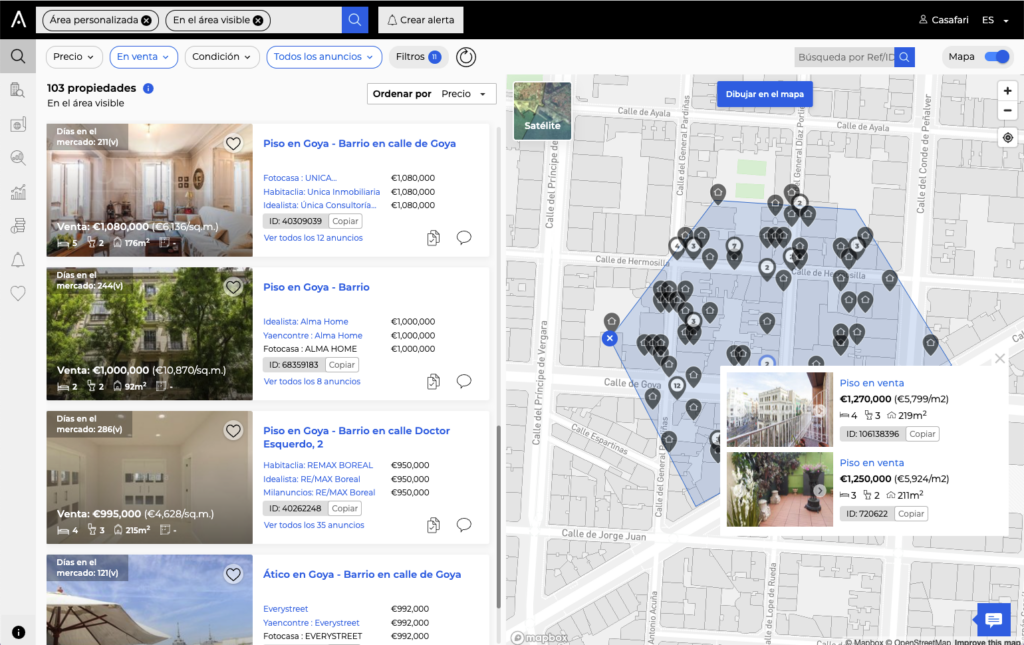 Una búsqueda de inmuebles en la Búsqueda de Propiedades de CASAFARI