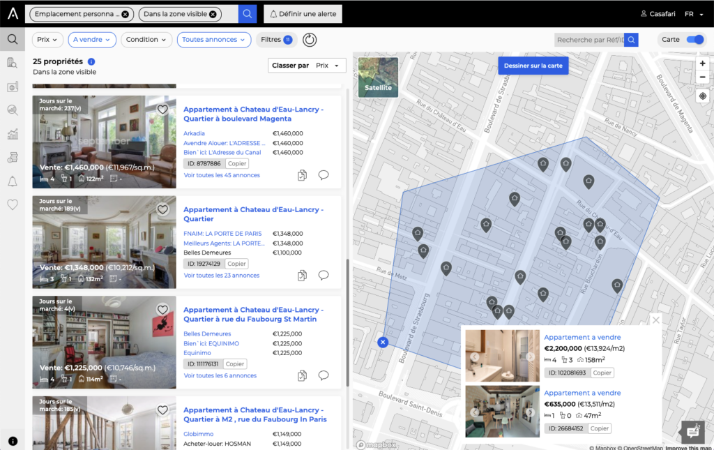 Une recherche de biens immobiliers dans le système Recherche de Propriétés de CASAFARI