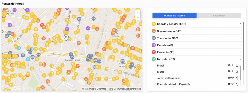 Puntos de interés en los alrededores de una propiedad, mostrados dentro de CASAFARI