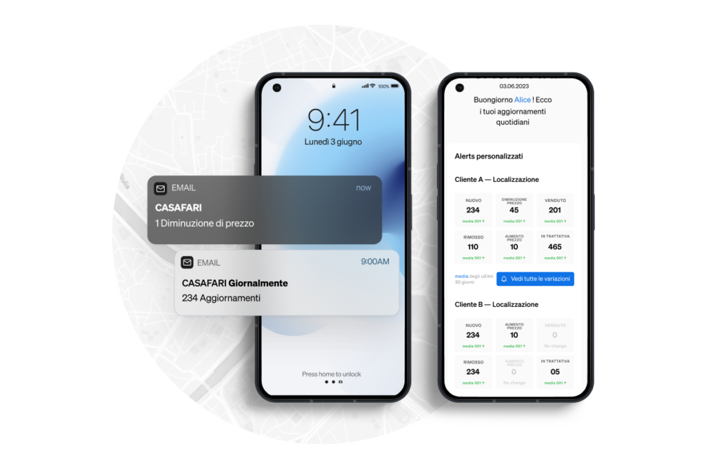 Grazie alle notifiche di CASAFARI Alerts, gli agenti immobiliari sono in grado di avvicinare più rapidamente i venditori privati che mettono sul mercato le loro proprietà e di individuare più velocemente le opportunità per i loro clienti.