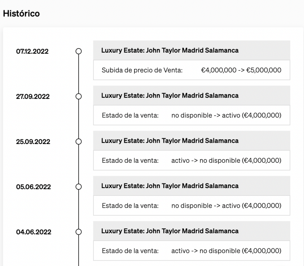 Historial de la propiedad en la Búsqueda de Propiedades de CASAFARI