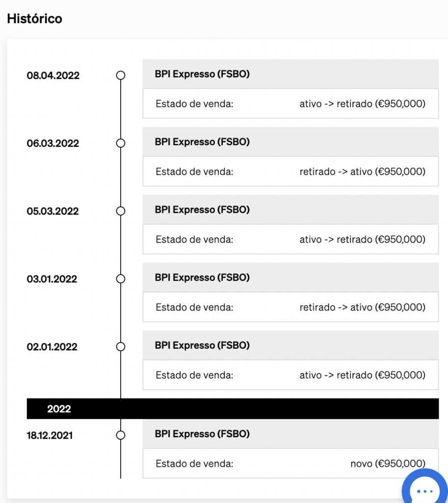 Histórico da propriedade, dentro da Pesquisa de Propriedades da CASAFARI