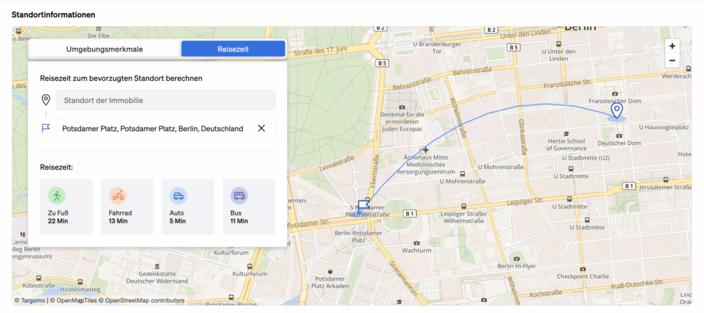 Sehen Sie mit CASAFARI die Entfernung von einer Immobilie zu jedem anderen Punkt in der Stadt