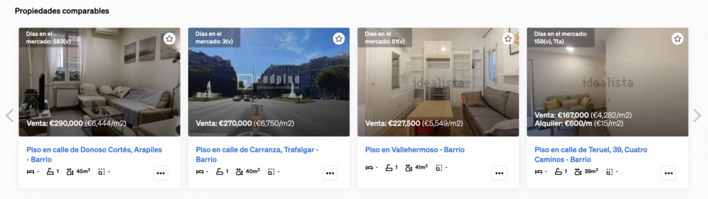 Propiedades comparables dentro de la página de propiedad, en la Búsqueda de Propiedades de CASAFARI