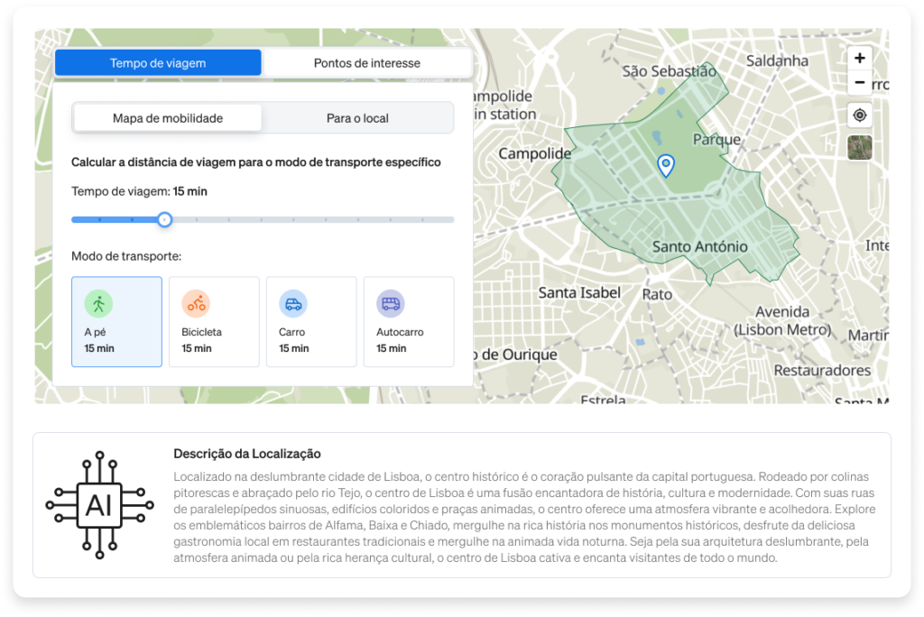 Mapa Inteligente de Comodidades e Itinerários da CASAFARI para negócios imobiliários melhorarem os anúncios imobiliários no seu site