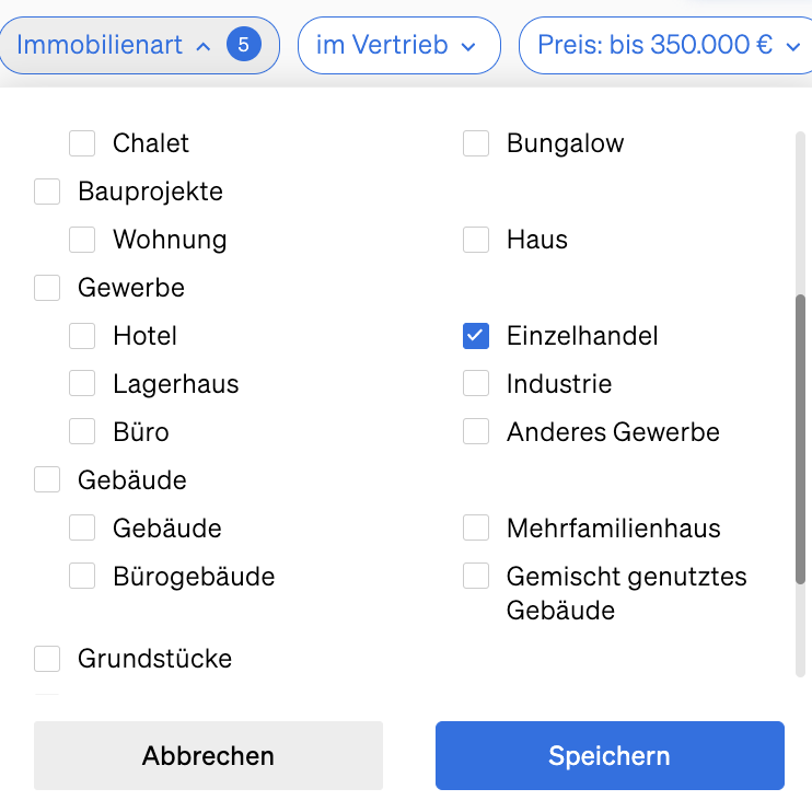 Verschiedene Immobilientypen innerhalb der Immobiliensuche von CASAFARI