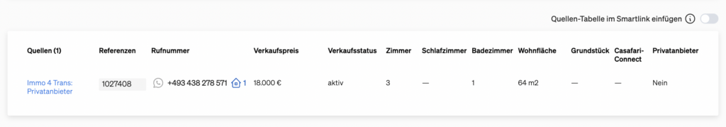 Umschalten, um auszuwählen, ob eine Information zu einem Smartlink hinzugefügt werden soll oder nicht
