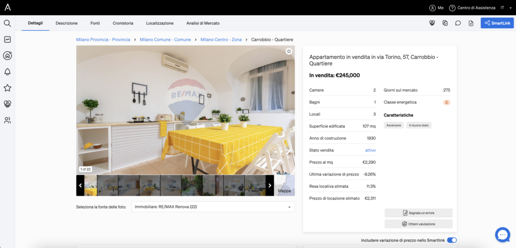 Pulsante per creare uno Smartlink posizionato nell'angolo in alto a destra di una pagina di proprietà all'interno di CASAFARI