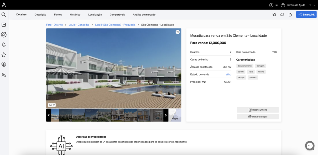 Botão para criar uma Smartlink posicionado no canto superior direito da página de um imóvel na CASAFARI