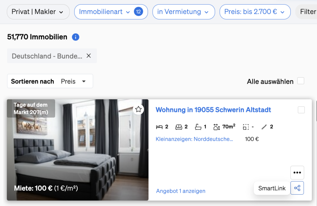 Schaltfläche in der Eigenschaftsbeschaffung, um einen sofortigen SmartLink zu erstellen