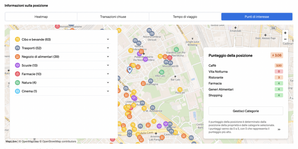 Punti di interesse nelle vicinanze mostrati all'interno del Mappa Intelligente di Localizzione di CASAFARI