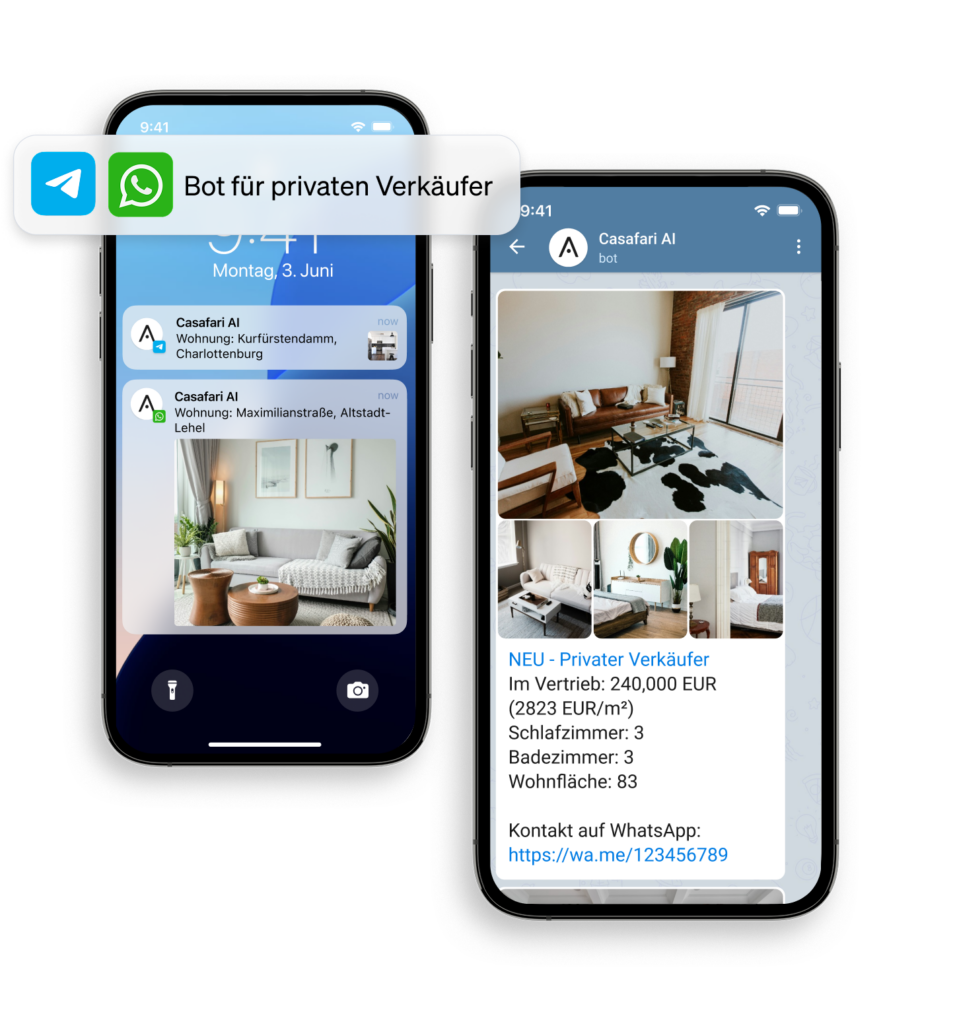 Benachrichtigung über neue Immobilien auf dem Markt, die von privaten Verkäufern verkauft werden, mit dem Bot von CASAFARI AI für WhatsApp und Telegram
