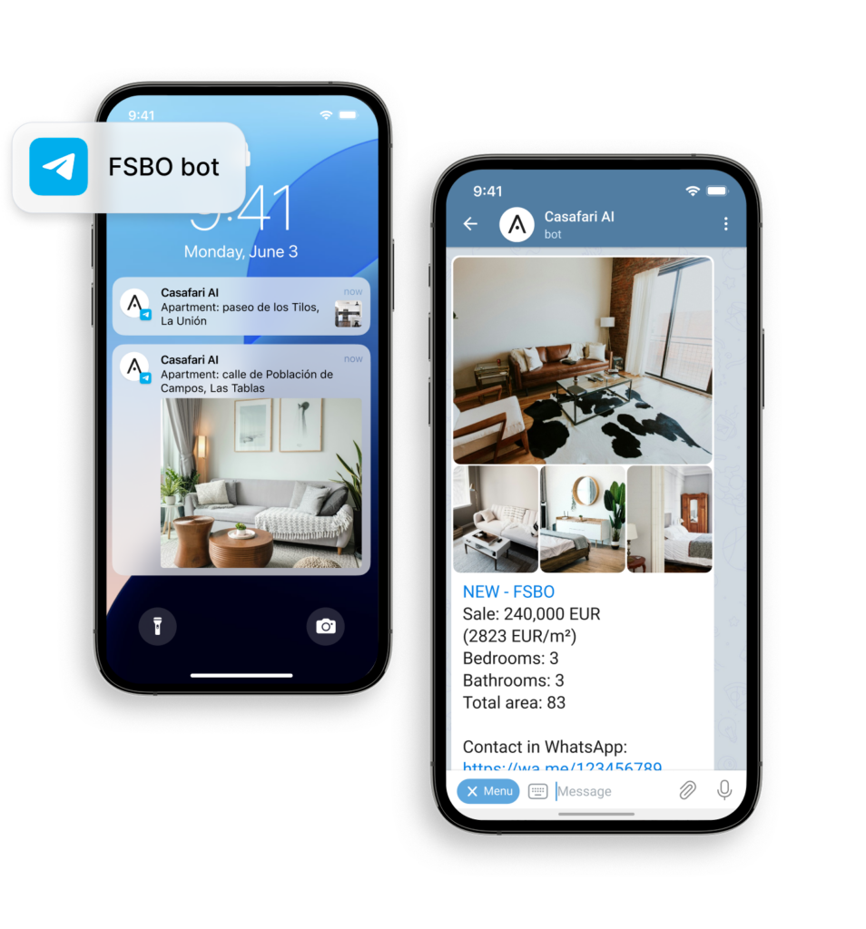getting notified of new properties on the market sold by private sellers with CASAFARI AI's bot for WhatsApp and Telegram