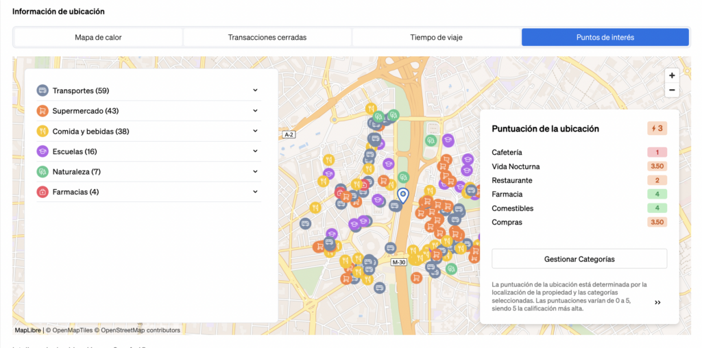 Comprender el perfil de un área con puntos de interés mostrados en el widget de información de localización de CASAFARI.