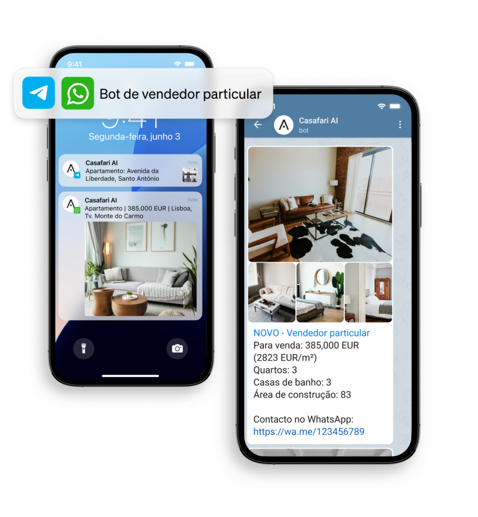 notificações sobre novos imóveis no mercado vendidos por particulares com o bot da CASAFARI AI para WhatsApp e Telegram