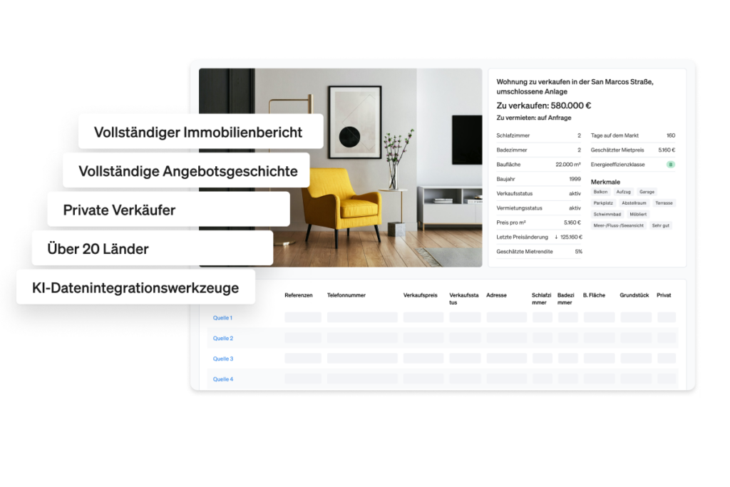 Die Property Listings-API von CASAFARI ist eine Immobilien-Daten-API, die alle Details zu allen auf dem Markt verfügbaren Immobilienanzeigen anzeigt.