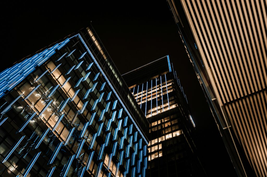 Modern buildings illuminated in Gdansk, Poland
