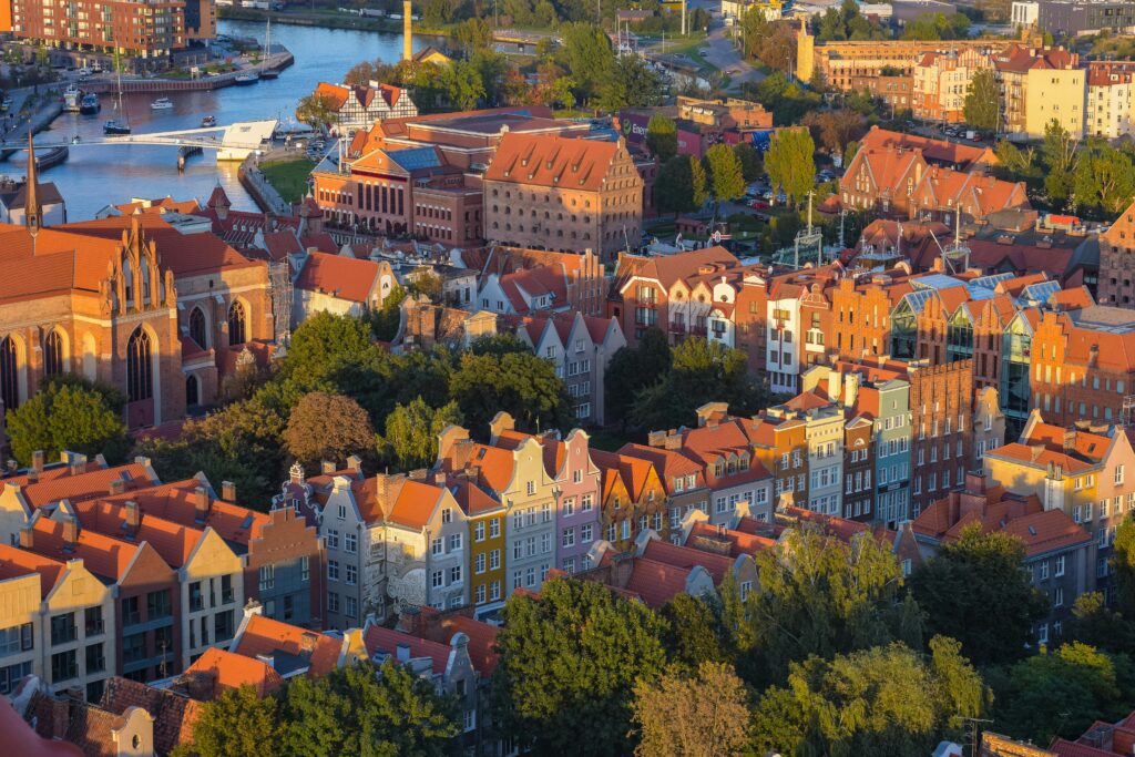 Aerial view of streets and roofs of Gdansk, Poland