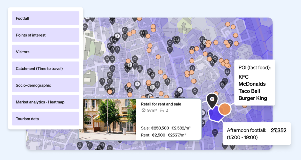 Data integration solutions provided by CASAFARI to analyze the area surrounding a property, such as footfall, points of interest and socio-demographic info