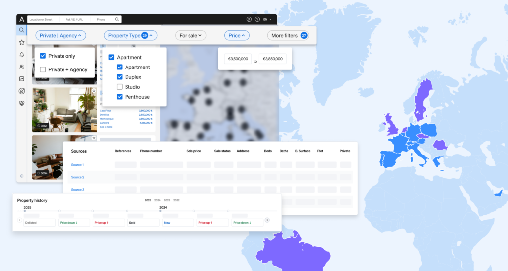 The interface of CASAFARI's Property Sourcing: data integration solutions